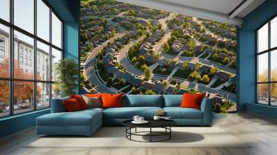 Aerial shot of a suburban neighborhood with uniform houses and curved streets, showcasing the overall layout and structure. Wall mural