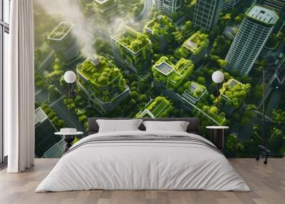 Aerial view of a green city with eco-friendly buildings and renewable energy sources, representing sustainability Wall mural