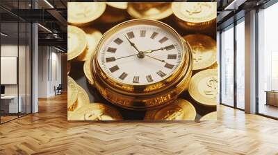 Alarm clock surrounded by gold coins, representing the value of time and money, set on a simple, neutral surface. Wall mural