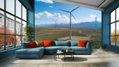 An expansive wind farm with multiple turbines in an open landscape. Wall mural