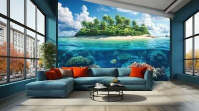 An isolated paradise island depicted with coral reefs and an underwater ocean scene, ideal for tourism campaigns. Wall mural