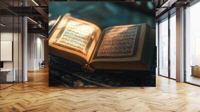 An open Quran with finely crafted Arabic calligraphy, bathed in soft, ambient light, evoking a sense of peace and spirituality. Wall mural