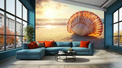 Beautiful seashell on a sunlit sandy beach, highlighting texture and the natural coastal environment. Wall mural