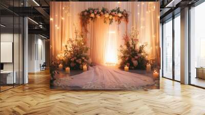 Beautifully decorated wedding altar with fresh flowers, candles, and flowing fabric, creating a romantic ambiance Wall mural