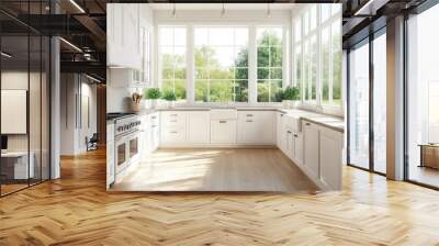 Bright, airy kitchen interior with large windows, sleek white cabinets, and polished wooden floors, blending modern design with a warm, open feel Wall mural