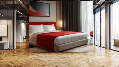 Chic hotel bedroom with red details, soft bedding, and minimalist decor, offering a blend of comfort and luxury. Wall mural