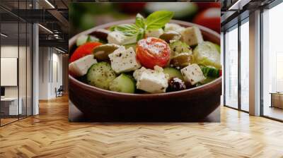 Classic Greek salad with feta cheese, olives, tomatoes, and cucumbers, beautifully arranged in a rustic bowl Wall mural