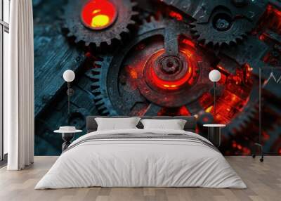 Close-up of a steel gear, highlighted with red light shades, creating a dramatic industrial effect. Wall mural