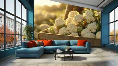 Close-up of freshly picked cauliflower heads, neatly packed in a wooden crate, illuminated by the golden rays of the sun in a thriving plantation. Wall mural