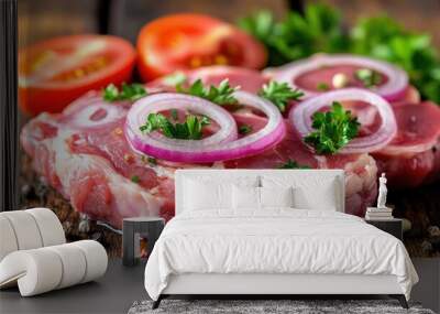 Close-up of raw pork steaks with parsley, onion rings, and tomato slices, arranged on a wooden surface Wall mural