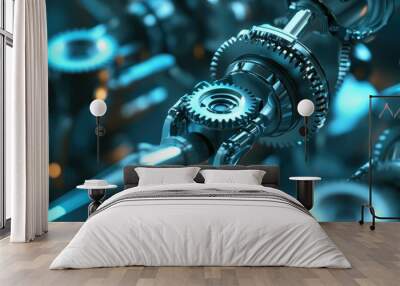 Close-up shot of intricate gears and robotic arms in a smart factory, illustrating advanced industrial technology. Wall mural