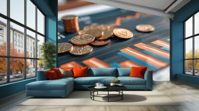 Coins arranged in a graph shape on a report with financial charts. Wall mural