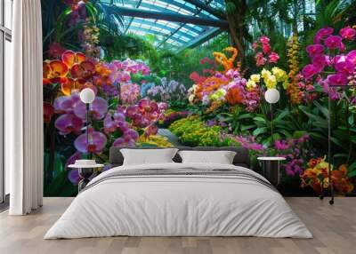 Colorful orchid display in Singapore Botanic Gardens Wall mural