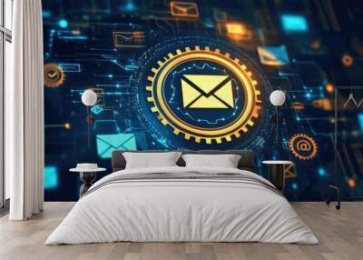 Digital email interface with automation gears and spam filter icons, illustrating efficient email campaign management and marketing strategies Wall mural