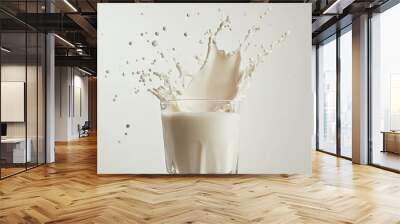 Dynamic splash of milk erupting from a glass, isolated on a white background, capturing the fluid motion and energy Wall mural