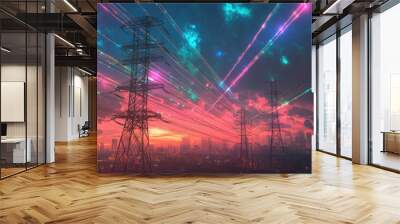 Electrical tower radiating energy beams, multiple power structures in a vibrant city skyline, set against a cosmic night sky Wall mural