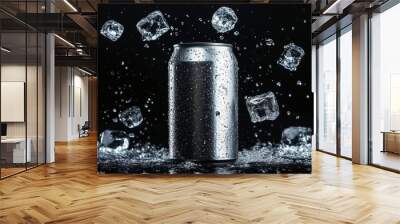 Empty aluminum can with flying ice cubes and water splashes, set against a black background, perfect for beverage advertising Wall mural