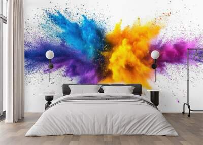 Explosion of vibrant Holi powders, mixing yellow, purple, orange, and blue colors on a clean white background. Wall mural