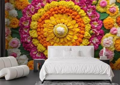 Festive Bathukamma greeting text in Telugu, surrounded by intricate floral decorations and bright hues. Wall mural