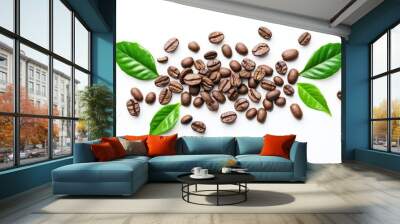 Fresh brown roasted coffee beans arranged with vibrant green leaves, isolated on a white background for a clean and natural look Wall mural