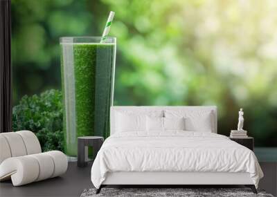 Fresh green kale smoothie served in a tall glass, with a healthy glow against a blurred background of greenery. Wall mural