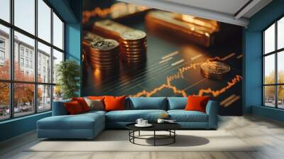 Gold bars and coins elegantly positioned on a financial chart represent the robust relationship between wealth and economic trends. Wall mural