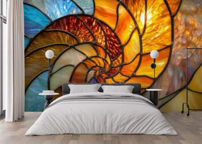 Golden-lined stained glass in warm, swirling nautilus shell tones, creating a soothing visual effect. Wall mural