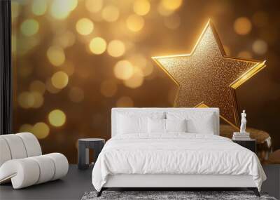 Golden star award on a raised podium, with ribbon elements and light effects in a bokeh-filled background Wall mural