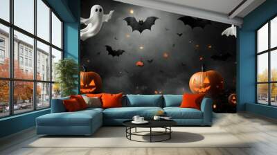 Halloween background with floating pumpkins, bats, and ghostly figures set against a black, foggy scene Wall mural