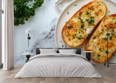 Indonesian garlic bread (roti bawang putih) on a white plate, perfect for recipe or menu copy space. Wall mural