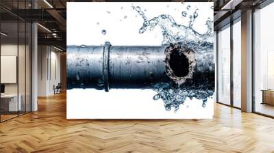 Leaking PVC pipe with clear water splashing out from a crack, focusing on the damage, set against a white background Wall mural