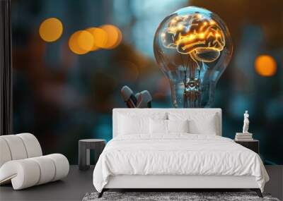 Light bulb with brain and wireframe held by an AI robot hand, symbolizing intelligence. Wall mural