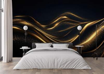 Luxurious golden waves moving in abstract patterns on a dark background, evoking richness and depth. Wall mural