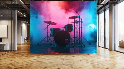 Modern drum set illuminated by neon lights, surrounded by colored smoke on a stage, creating a futuristic concert vibe. Wall mural