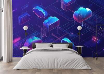 Multi-cloud data architecture with 2D and 3D clouds, visualizing digital data connectivity and cloud services in vector format Wall mural