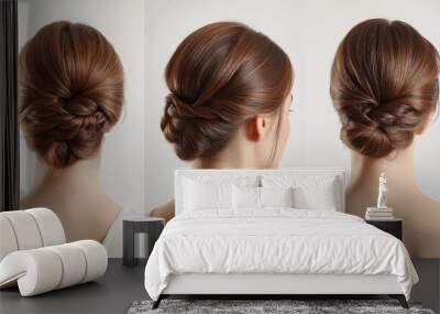 Neatly styled twisted bun with a braid, step-by-step tutorial for long hair in an elegant hairstyle photo. Wall mural