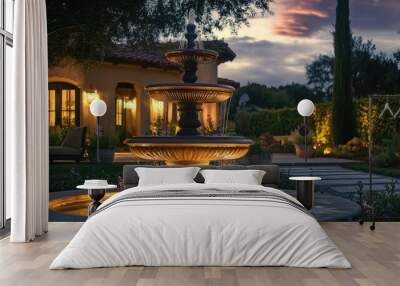 Nighttime shot of a water fountain in a luxury home's yard, glowing beautifully in the evening light. Wall mural