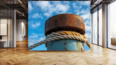 Old mooring bollard with rusty surface, ropes tied around it, and a bright blue sky with clouds in the background. Wall mural