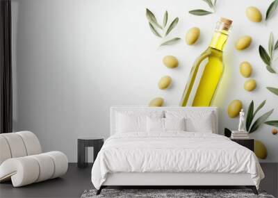 Olives with leaves and a bottle of olive oil showcased on a clean white backdrop, highlighting freshness. Wall mural