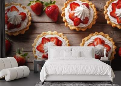 Party-ready strawberry shortcake pies placed on a provincial wooden table, decorated with fresh strawberries and cream. Wall mural