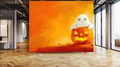 Playful Halloween ghost peeking from a glowing Jack lantern, framed by a bright orange background. Wall mural