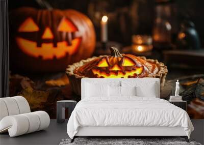 Pumpkin-faced Halloween pie, set on a wooden table with autumn leaves and eerie lighting in the background. Wall mural