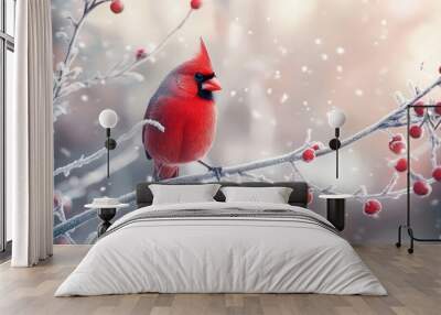 Red cardinal bird in focus, perched on a frosty branch with snow and red berries in the background. Wall mural