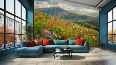 Scenic view of a hillside covered in bright, blooming flowers in spring Wall mural