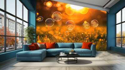 Soap bubbles drifting over a grassy field, illuminated by the warm hues of a sunset in the background Wall mural