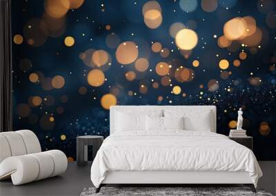 Soft, glowing gold bokeh lights gently floating over a dark blue textured background, ideal for an elegant visual. Wall mural