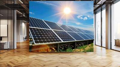 Solar farm with rows of photovoltaic panels under the bright sun. Wall mural