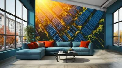 Solar panels in a farm setting, illuminated by sunlight, producing clean renewable energy. Wall mural