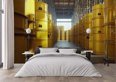 Stacked yellow chemical barrels in an open storage area, ready for shipping, with clear transportation symbols Wall mural