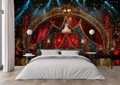 Stage adorned with red and gold glitter and sparkling lights, offering a dramatic and festive performance setting Wall mural